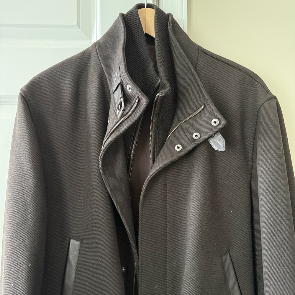 Cole Haan Dark Brown Relaxed Wool Dress Coat with inner Wool Sweater Dickie